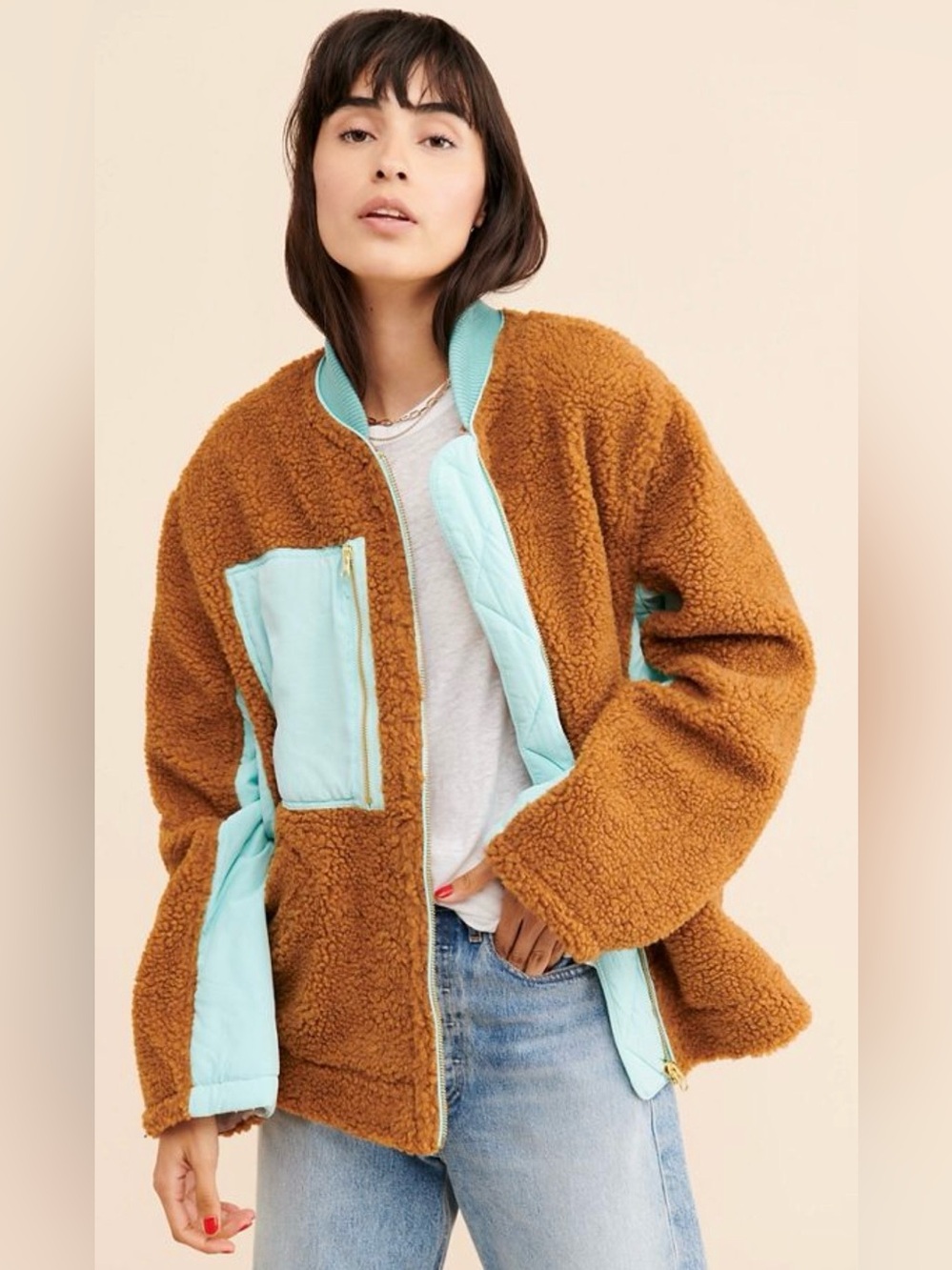 NWT- We The Free by Free People “Rivington” Sherpa Jacket in Amber Combo